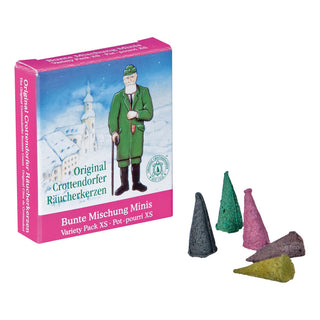Die bunte Mischung der Mini-Räucherkerzen wird original im erzgebirgischen Crottendorf hergestellt. Diese verschiedenen Düfte machen die Weihnachtszeit zu etwas ganz Besonderen.
