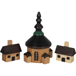 Miniatur-Set aus Holz mit Seiffener kirche und 2 Häuschen in natur