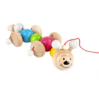 Nachziehraupe "Ida" mit naturfarbenden Holzkugeln als Räder und bunten Kugeln als Körper