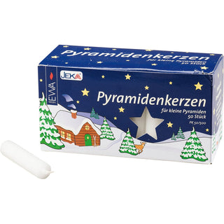 Die Pyramidenkerzen sind als als 50er Pack in weiß erhältlich. Man kann sie in 3 verschiedene Farben kaufen. Bild 1.