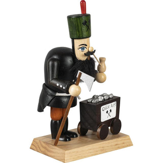 Farbiges Räuchermännchen Bergmann mit Lore mit Aufschrift "Glück Auf". In der Hand hält er das Bergeisen und seine Pfeife._3