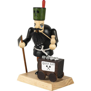 Farbiges Räuchermännchen Bergmann mit Lore mit Aufschrift "Glück Auf". In der Hand hält er das Bergeisen und seine Pfeife._2