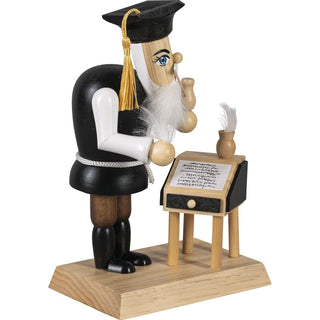 Farbiges Räuchermännchen Lehrer mit Schreibtisch und Tintenfässchen. In der Hand hält er seine Schreibfeder und seine Pfeife._3