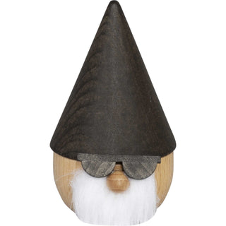 Räuchermännchen "Zwerg Rocker" zeigt eine traditionelle deutsche Räucherfigur in Zwergform mit schwarzem Spitzhut, weißem Rauschebart, runder Holznase und dunkler Sonnenbrille. Der Körper ist aus naturbelassenem Holz gefertigt.