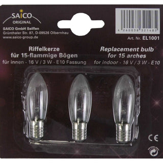 Dieses Riffelkerzenset besteht aus 3 Kerzen und ist für 15-flammige Bögen mit einer Fassung für E10, 16 Volt und 3 Watt geeignet.
