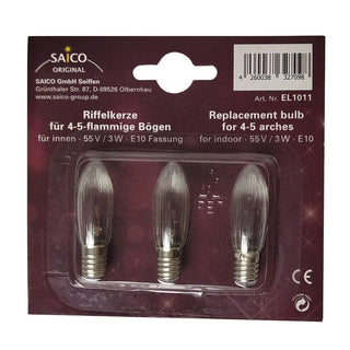 Dieses Riffelkerzenset besteht aus 3 Kerzen und ist für 4-5-flammige Bögen mit einer Fassung für E 10, 55 Volt und 3 Watt geeignet.