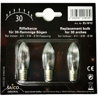 Dieses Riffelkerzenset besteht aus 3 Kerzen und ist für 30-flammige Bögen mit einer Fassung für E 10, 8 Volt und 3 Watt geeignet.