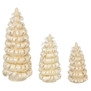 Hier wird ein Ringelbäumchen-Set aus Holz angeboten. Es sind 3 unterschiedlich große Spanbäumchen - 4,5 cm, 3 cm und 2,5 cm hoch.