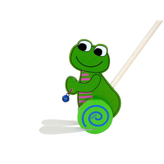 Grüner Schiebe-Frosch aus Holz mit grünen Rädern und Schiebestab