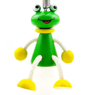 Schwingfigur aus Holz mit grünem Frosch und Feder zum Aufhängen