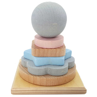 Stapelturm aus Holz mit Kugel und pastellfarbenen Stapelelementen_1