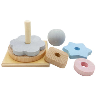 Stapelturm aus Holz mit Kugel und pastellfarbenen Stapelelementen, zerlegt_2