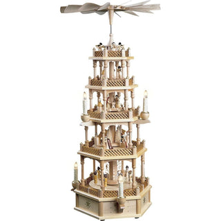 Diese detailgetreue große Weihnachtspyramide aus Holz wird mit traditioneller Handwerkskunst hergestellt. Viele verschiedene Figuren aus der Weihnachtsgeschichte drehen sich auf 5 verschiedenen Ebenen mittels eines Motors automatisch. Die elektrische Beleuchtung verfeinert das Kunstwerk. Bild 1.