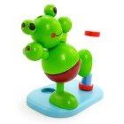 Zahnputzuhr aus Holz mit Frosch-Motiv in grün und rot und einer Halterung für die Zahnbürste_3